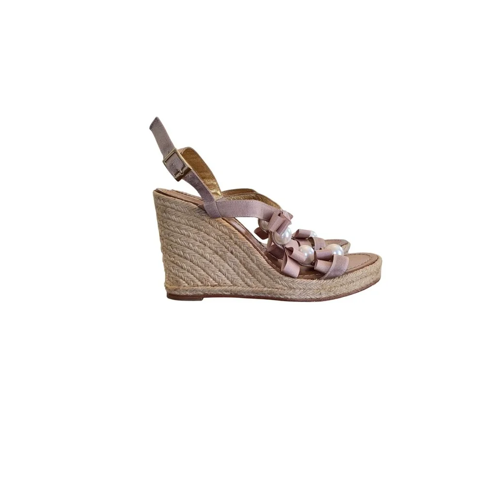 Kate Spade Espadrille Wedge Sandals Ribbon Bow Pearl Detail Feminine Size 8.5